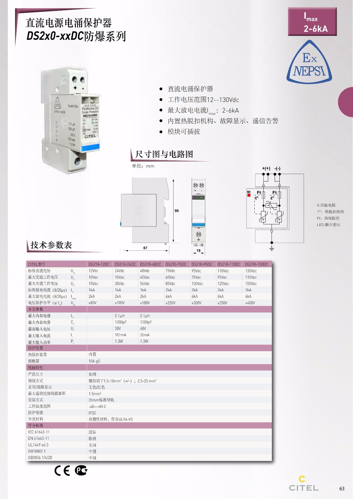 直流防雷器DS50PV-1000-30系列技術參數(shù)、規(guī)格尺寸
