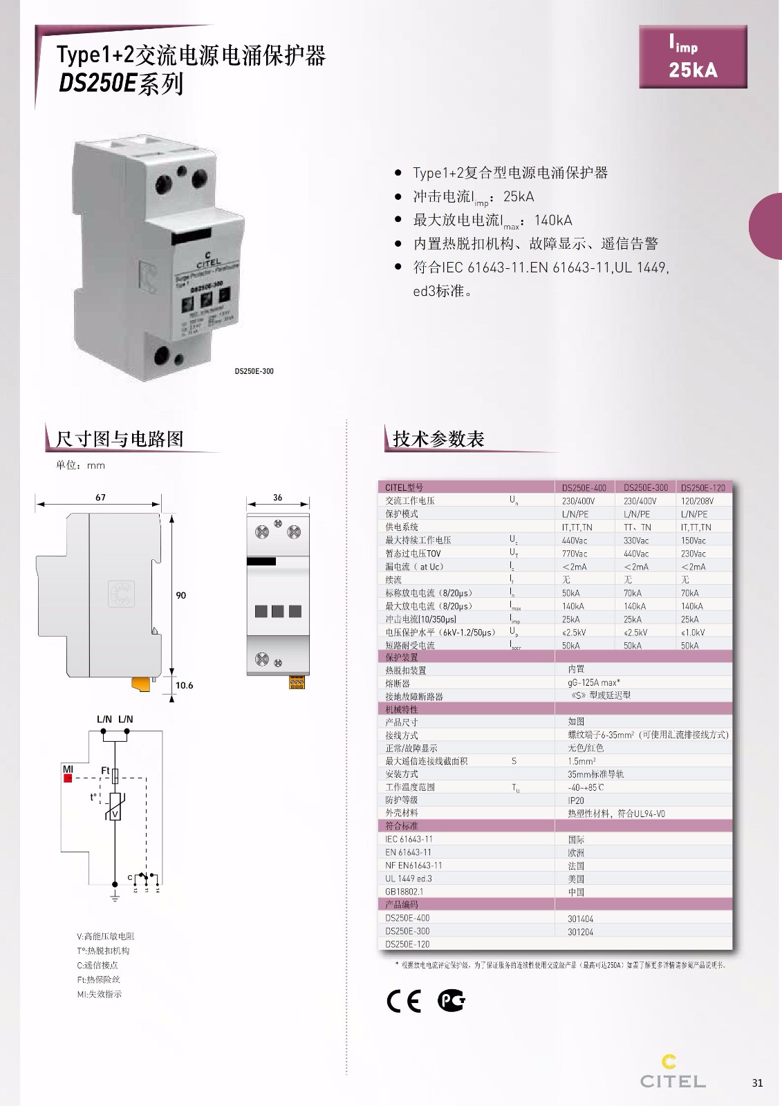 交流防雷器DS250VG-300電源電涌保護(hù)器技術(shù)參數(shù)